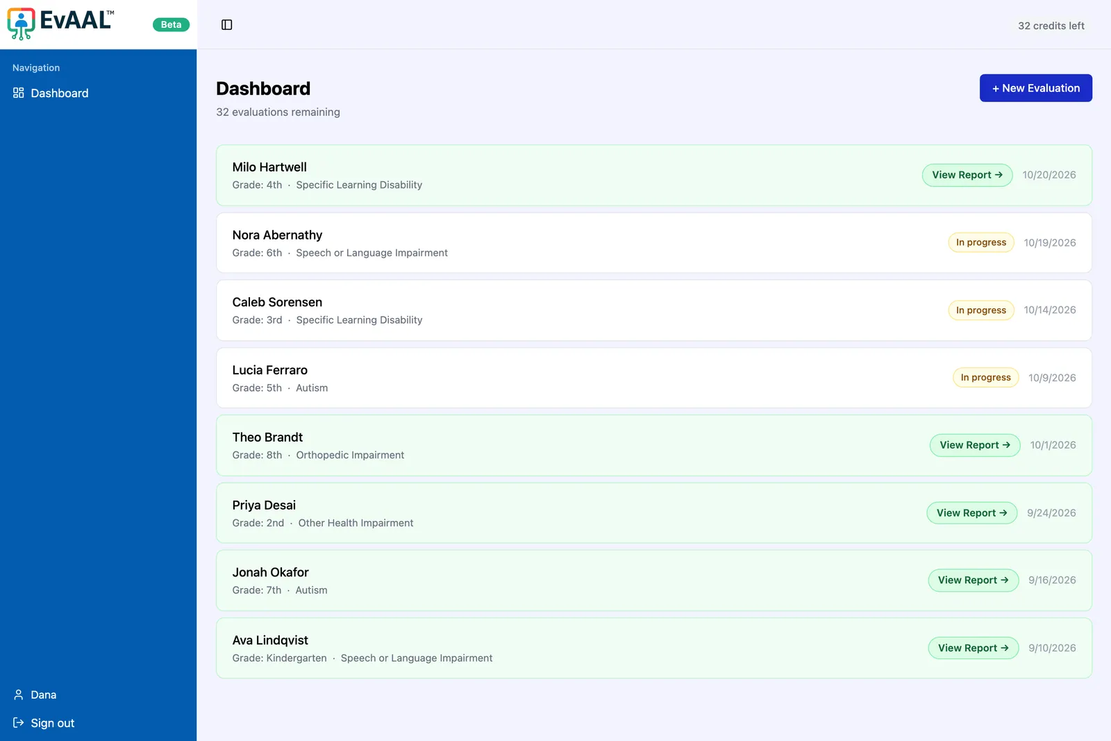 The new EvAAL dashboard: a clean, light list of student evaluations with View Report buttons