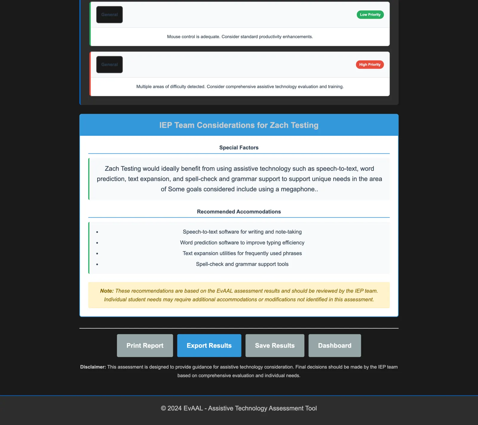 The old results page with IEP team considerations
