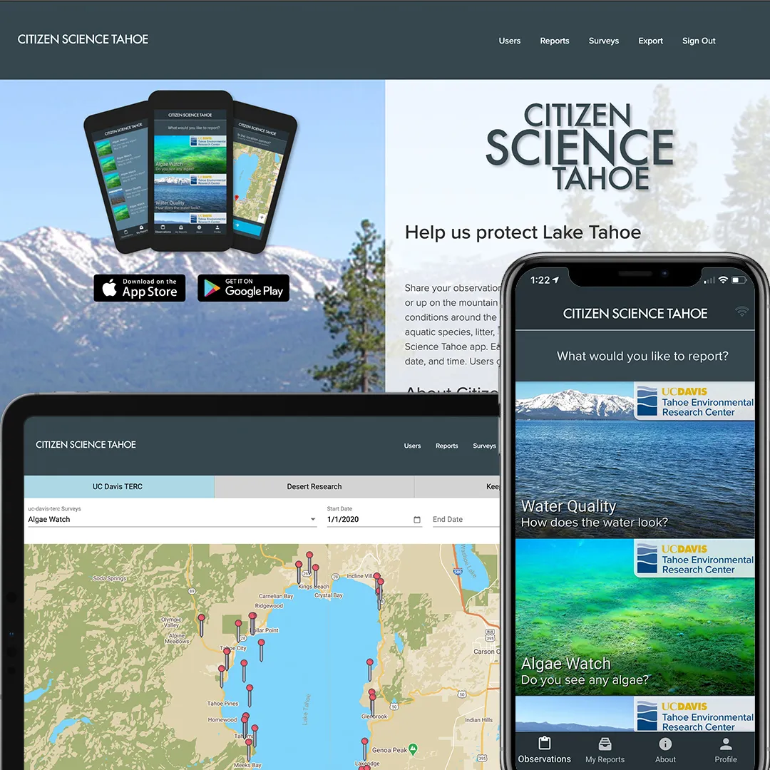 Citizen Science Tahoe website, mobile app and dashboard across devices