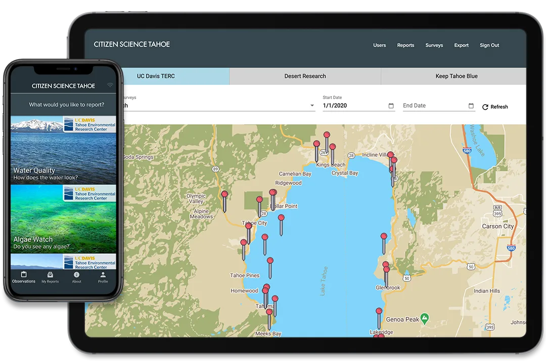 Citizen Science Tahoe on a phone and tablet, showing survey choices and a map of observations around Lake Tahoe