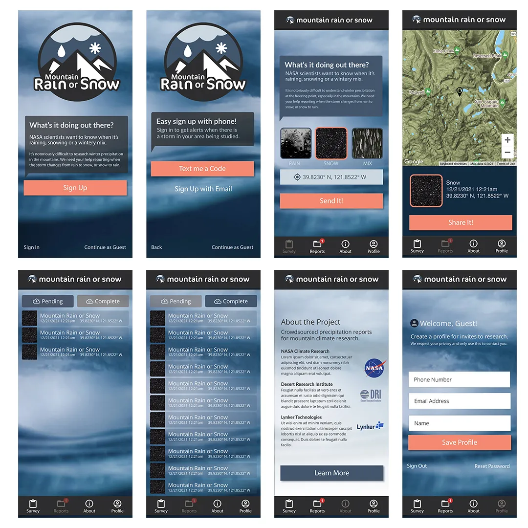 Mountain Rain or Snow mobile screens for reporting rain, snow or mixed precipitation