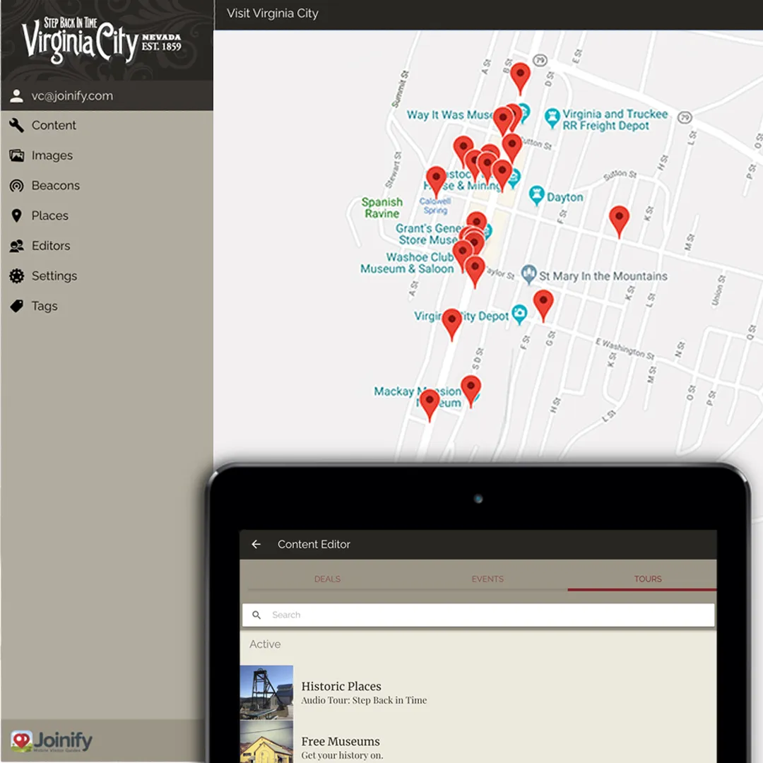 Admin dashboard mapping beacons and points of interest around Virginia City