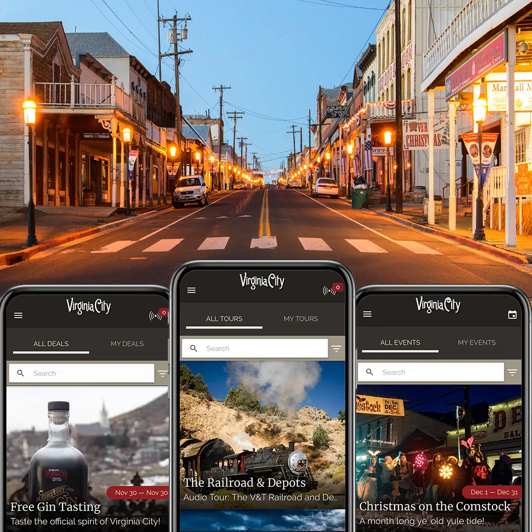 Visit Virginia City app screens for deals, tours and events over a photo of C Street at dusk