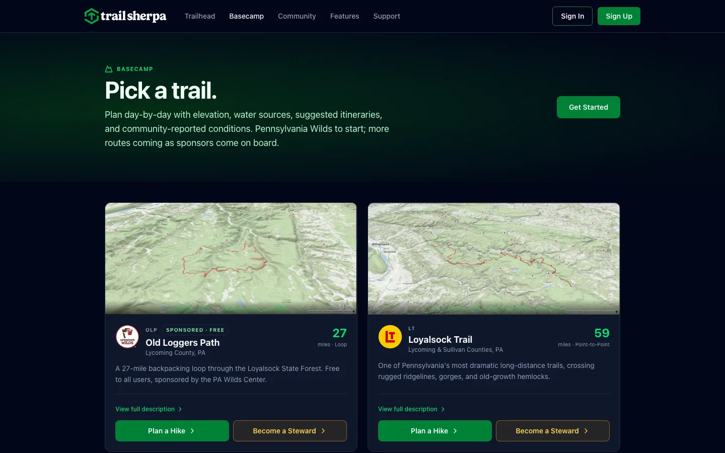 Basecamp page with Old Loggers Path and Loyalsock Trail cards, mileage, and Plan a Hike and Become a Steward buttons