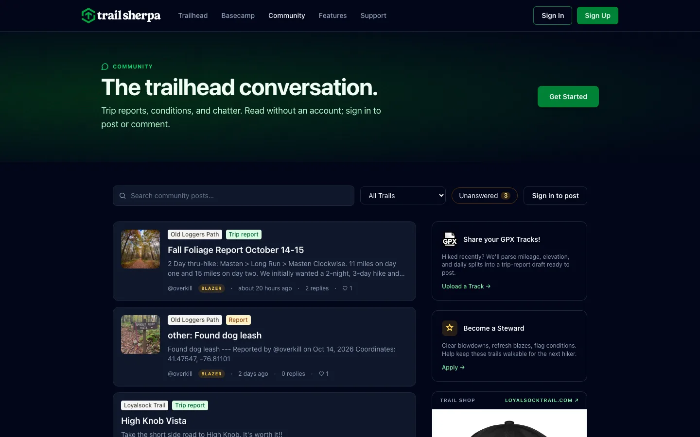 Community page titled 'The trailhead conversation' with trip reports, condition reports and a steward sign-up card