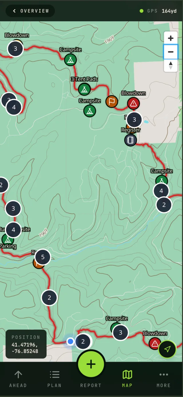 Offline trail map with campsites, vistas and water sources